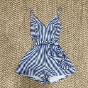 Tuckernuck Blue and White Striped V-Neck Tie-Waist Romper